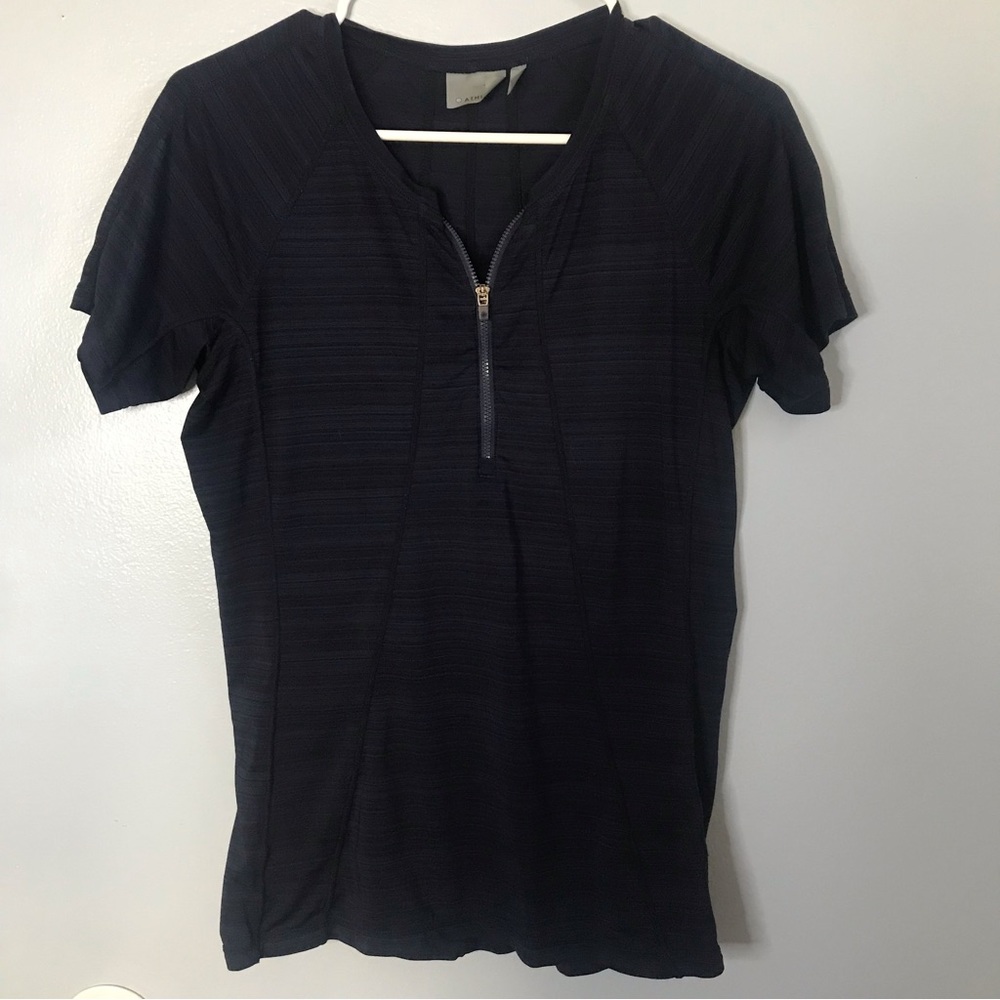 Athleta Cycling Marathon Athletic  Top Shirt Blue Stretch Zip Pocket SZ M